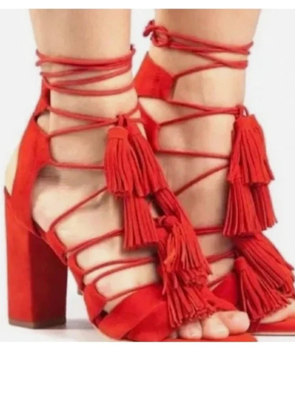 Loeffler Randall Red Suede Luz Tassel Lace Up Block Heel Sandals 7.5 Boho